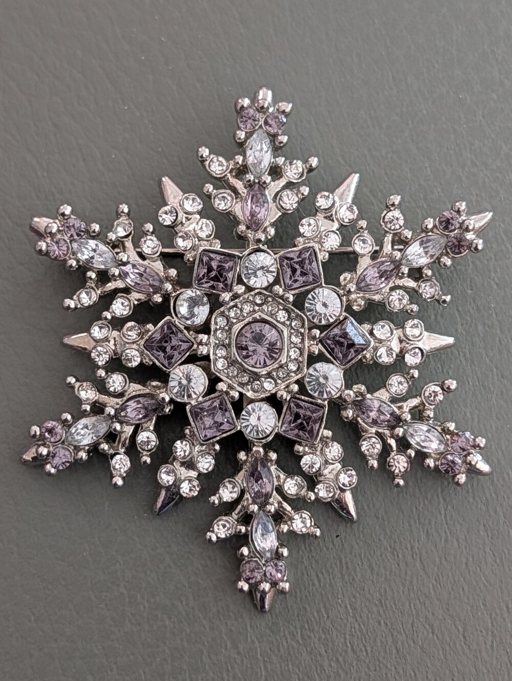 Silver-Tone Purple And Clear Crystal Large Snowflake Brooch